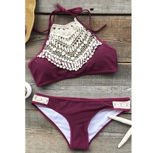 Burgandy Lace Halter Bikini Set